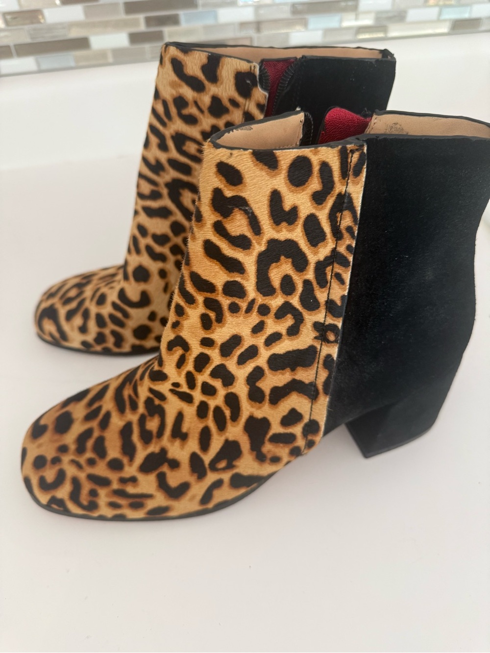 Sz 9 Naked Feet Leopard Print and Black Suede Block Heel Ankle Boots